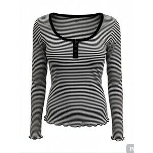 SO Black White Striped Henley Top XS Long Sleeve Lettuce Hem Y2K Fitted Stretch